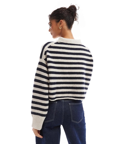 Bershka textured knitted polo sweater in black and tan stripe