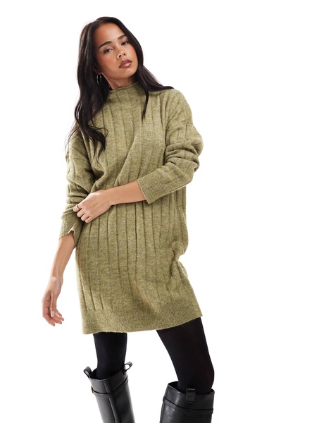 Vero Moda oversized ribbed knit mini dress in green melange