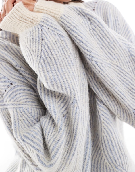 Pieces textured detail knit sweater in contrast soft blue and cream