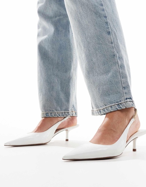 ASOS DESIGN Sharp slingback chain detail kitten heel shoes in white