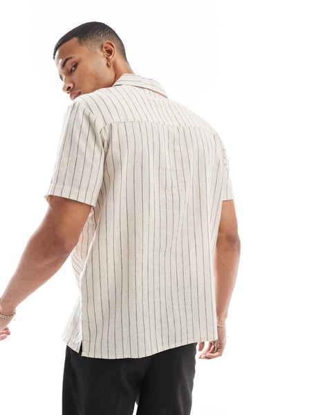 Another Influence striped linen short sleeve shirt in sand and navy