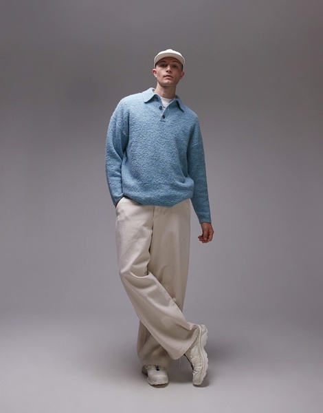 Topman oversized fit boucle polo shirt in heathered blue