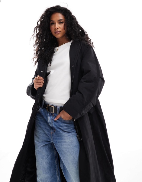 ASOS DESIGN clean longline puffer coat with hood in black