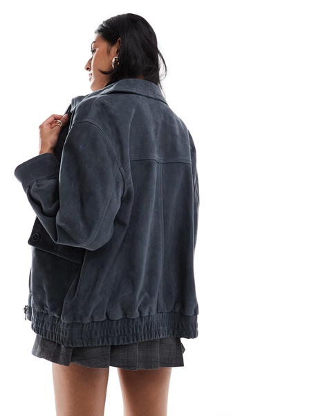 ASOS DESIGN real suede oversized bomber jacket in blue