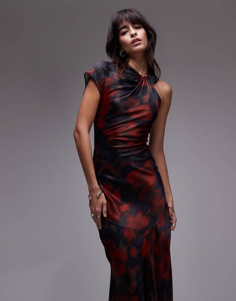 Topshop knot neck detail midi dress in red floral