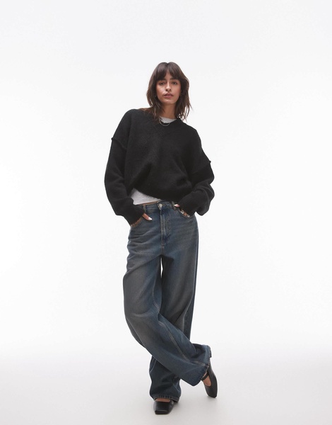 Topshop knit high v-neck fluffy sweater in black