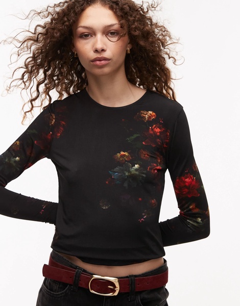 AllSaints Katlyn long sleeve mesh top in black floral