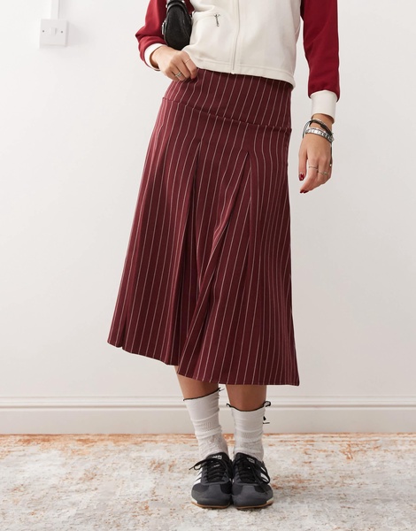 Reclaimed Vintage pleated midi skirt in burgundy pinstripe