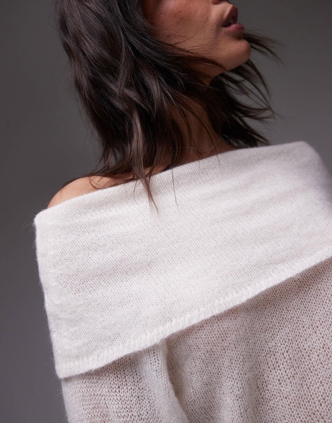 ARKET open knit sheer sweater with fold over off the shoulder in off white