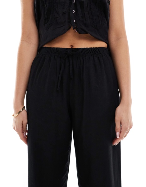 Bershka tie waist wide leg linen pants in black
