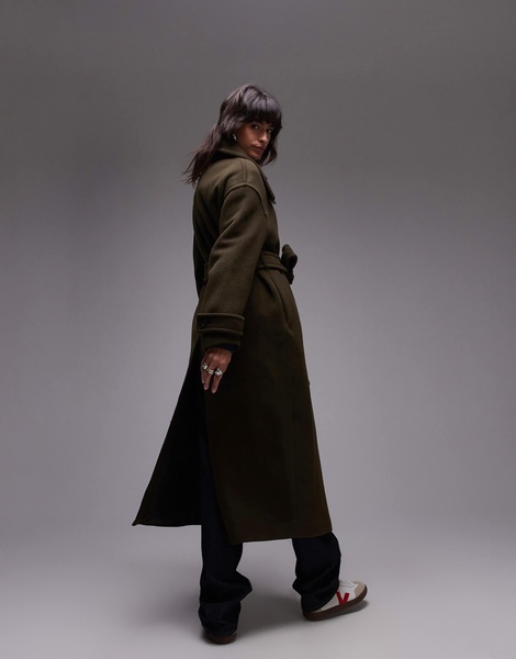 ARKET wool maxi belted trench coat with side splits in Khaki