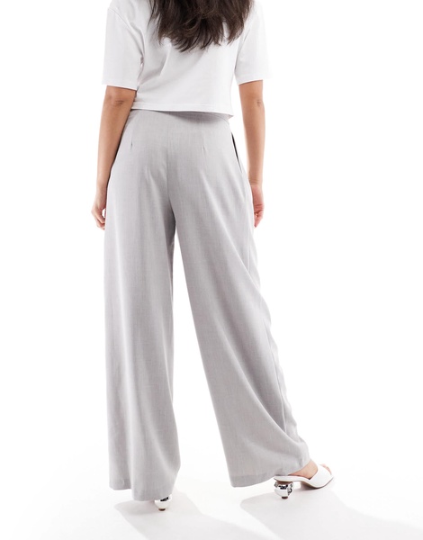 Bershka high waisted tie detail wide leg tailored pants in gray
