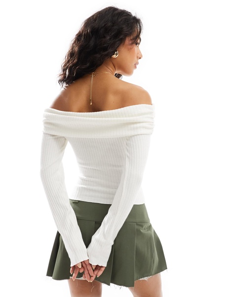 Bershka ribbed bardot top in ecru