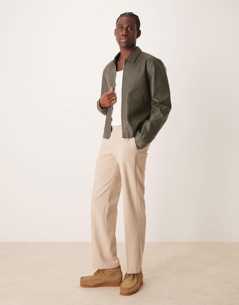ASOS DESIGN faux leather cropped harrington jacket in khaki