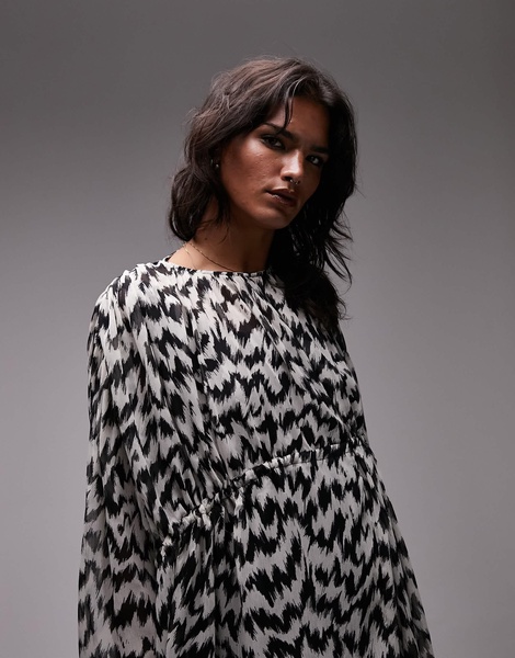 Topshop oversized gathered channel waisted printed mini dress in mono