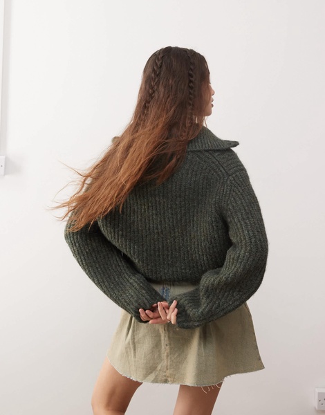 Weekday Bea wool blend zip up cardigan in dark green melange