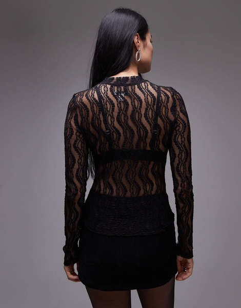Topshop wave lace high neck top in black