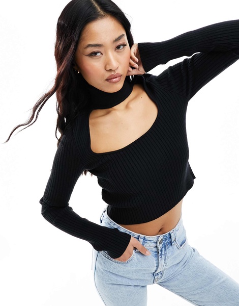 Bershka roll neck choker detail sweater in black