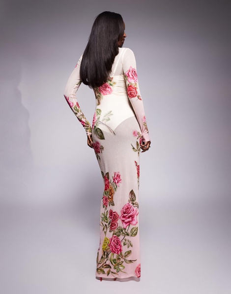 AFRM Rowan high neck mesh maxi dress in falling rose print
