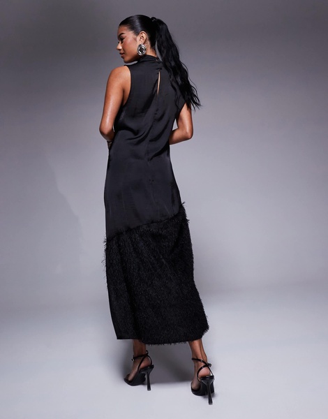 ASOS DESIGN asymmetric column fringe hem satin midi dress in black