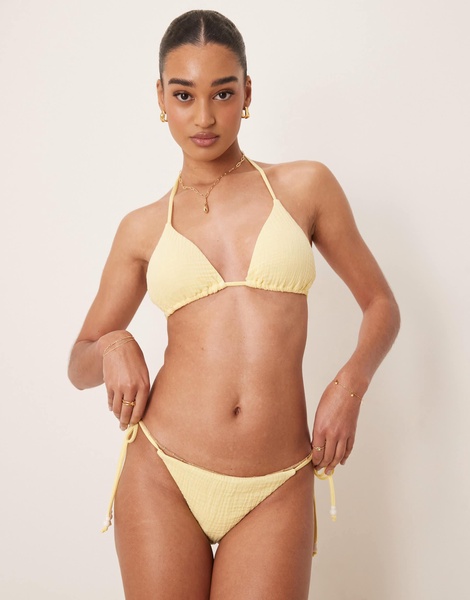 Stradivarius crinkle tie side bikini bottom in yellow