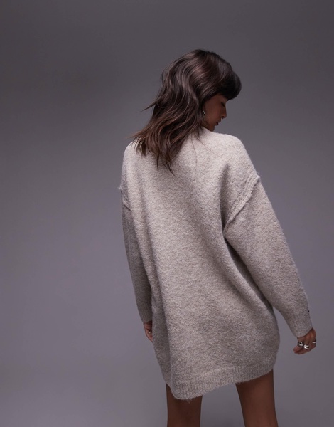 Topshop knitted oversized crew mini dress with exposed seam detail in oat