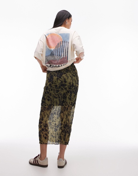 Topshop crinkle jersey midaxi skirt in green smudge print