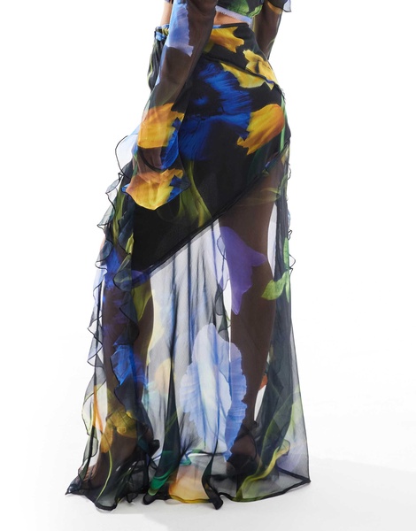 ASOS DESIGN ruffle detail maxi skirt in large floral print - part of a set