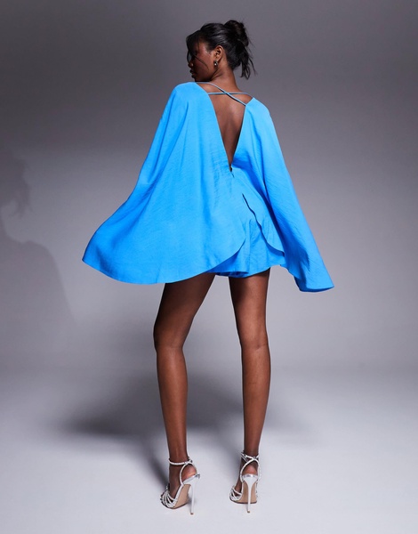 ASOS DESIGN exaggerated sleeve plunge romper in cobalt blue