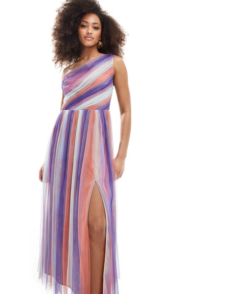 Anaya one shoulder tulle midaxi with split in multi colored stripe