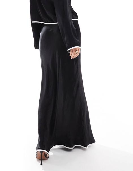 ASOS DESIGN satin bias contrast maxi skirt in black