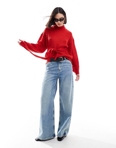 Brave Soul saka waist tie sweater in red