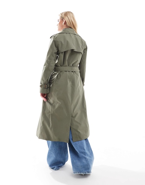 Brave Soul Petite longline belted trench in khaki