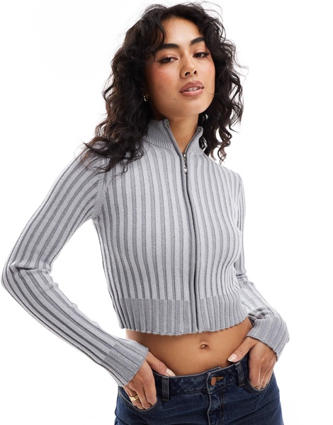 Bershka zip up ribbed sweater in gray