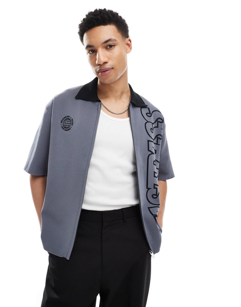 Bershka zip up knit shirt with print in gray