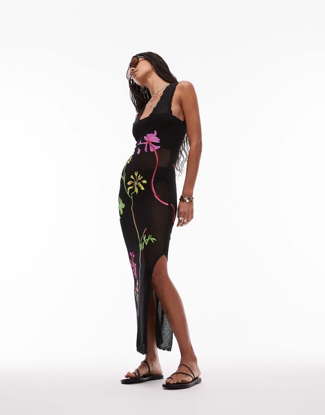 Topshop knit embroidered dress in black
