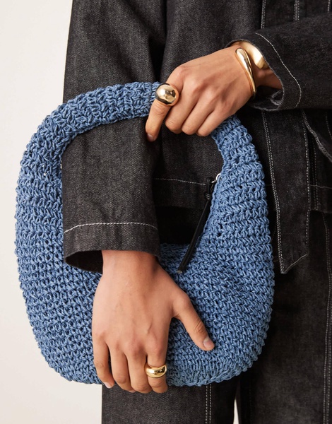 ASOS DESIGN hand crochet straw shoulder bag in blue