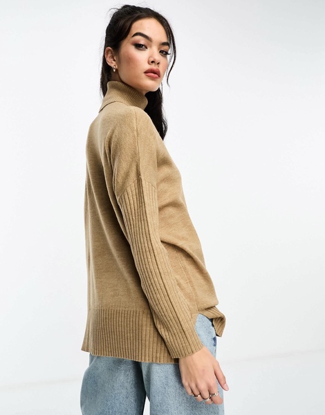 French Connection oversized turtle neck sweater with ribbed arm detail in camel