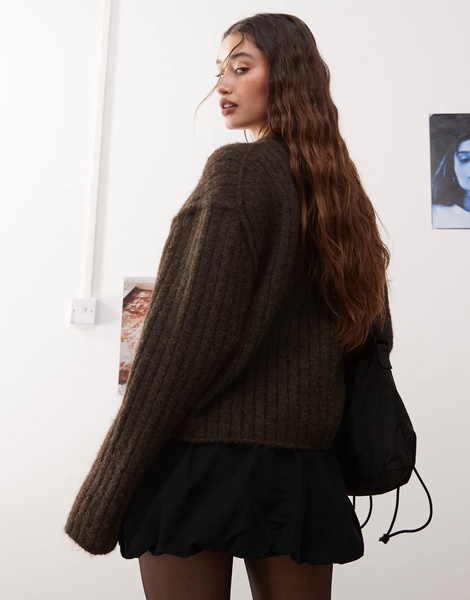 Weekday Alika chunky wool blend cardigan in dark mole