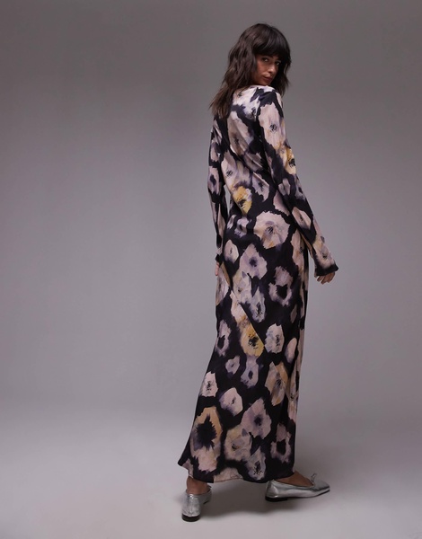 Topshop slash neck midi dress in gray and lime floral