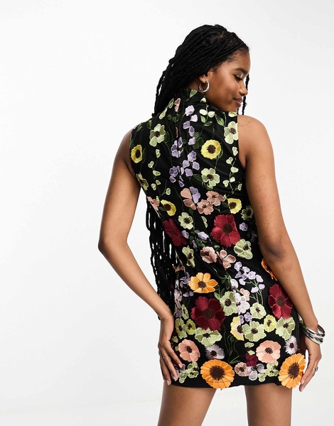 Amy Lynn Cleo high neck sleeveless mini dress in black based floral embroidery