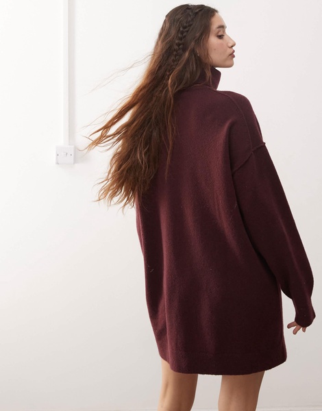Weekday Annie wool blend roll neck mini knitted sweater dress in burgundy melange exclusive to ASOS