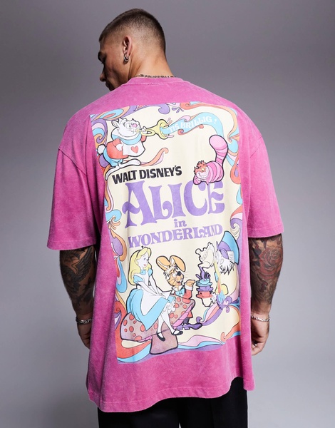 ASOS DESIGN Disney unisex oversized t-shirt with Alice in Wonderland prints in washed pink