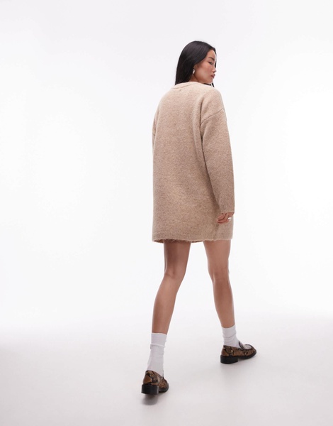 Topshop knit fluffy crew oversized dress in oat