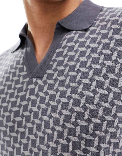 Brave Soul textured knit jacquard polo in gray