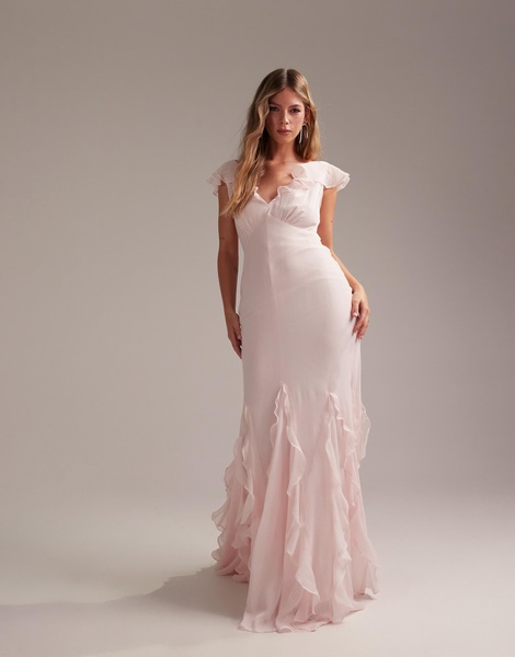 ASOS DESIGN Bridesmaids flutter sleeve bias maxi dress with flare frill hem in soft pink
