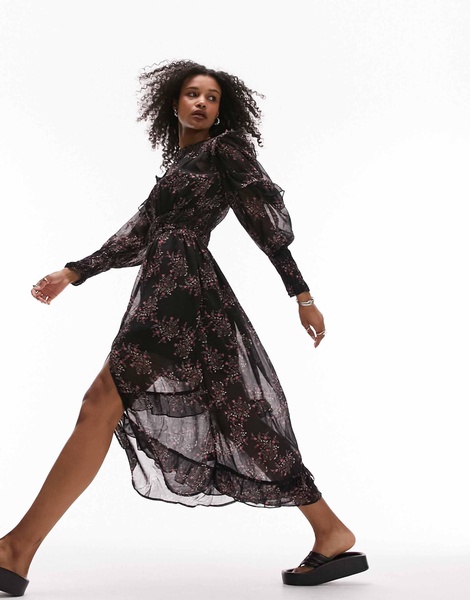 Topshop midi dress with ruffle sleeves in black floral print