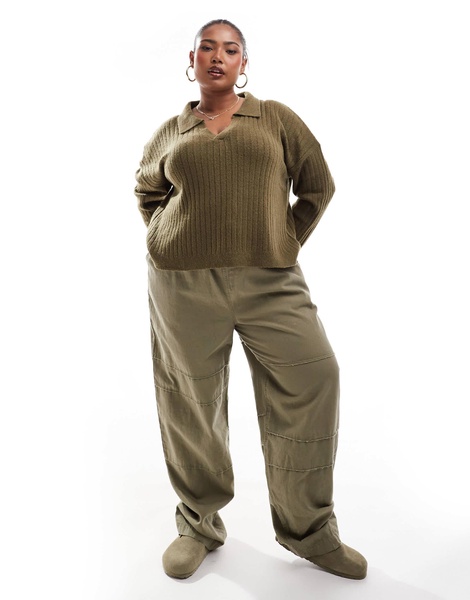 Brave Soul Plus V-neck polo sweater in khaki