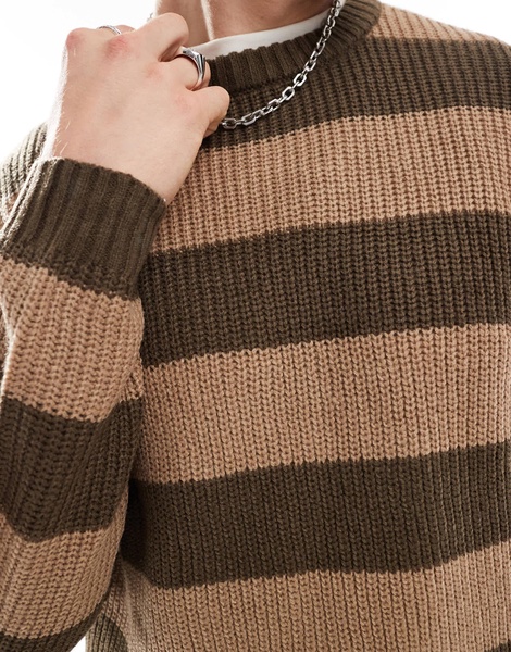 Another Influence chunky striped round neck sweater in brown