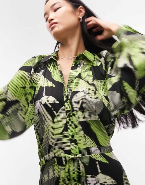 Topshop hanky hem linear floral midi shirt dress in green